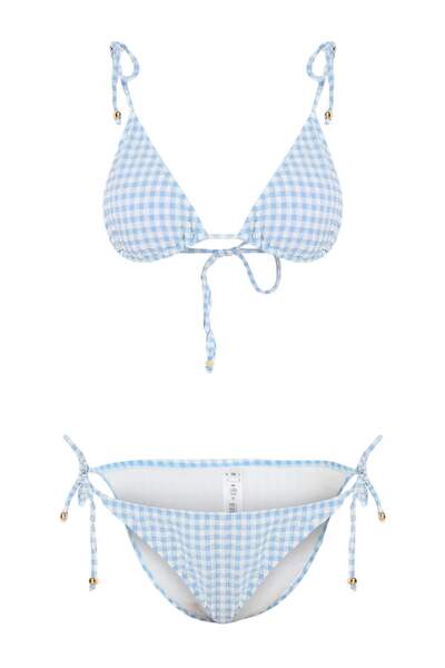 Συλλογή Trendyol Ανοιχτό μπλε καρό σετ μπικίνι με υφή και τριγωνικό κάλυμμα μ...