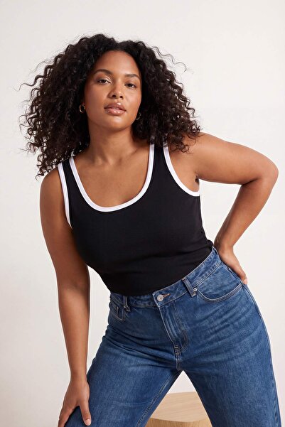 Trendyol Curve Μαύρο Αθλητικό Τοπ με Αντίθεση στον Γιακά διακοσμητικό ρέλι Με...