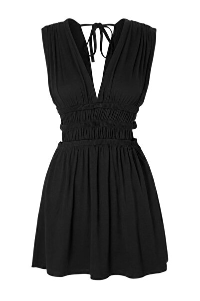 Συλλογή Trendyol Μαύρο πλεκτό φόρεμα παραλίας μίνι μήκους με λαιμόκοψη V TBES...
