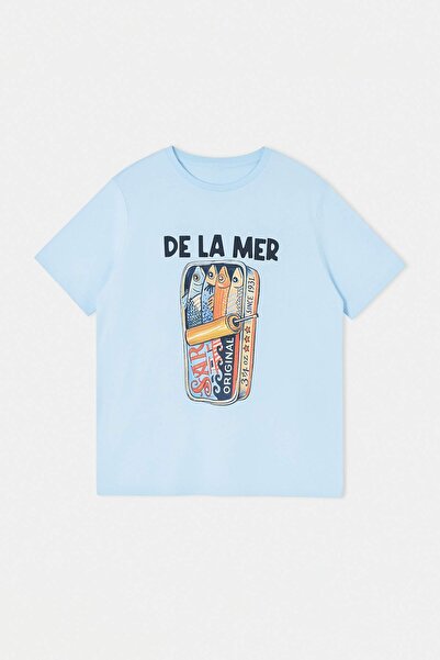 Trendyol Curve Μπλουζάκι με στάμπα μπλε σαρδέλας, χαλαρή εφαρμογή, πλεκτό, με...