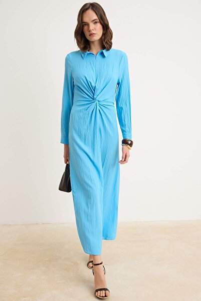 Trendyol Modest Μπλε Ζαρωτό Υφαντό Φόρεμα Χιτζάμπ TCTSS23EB00137