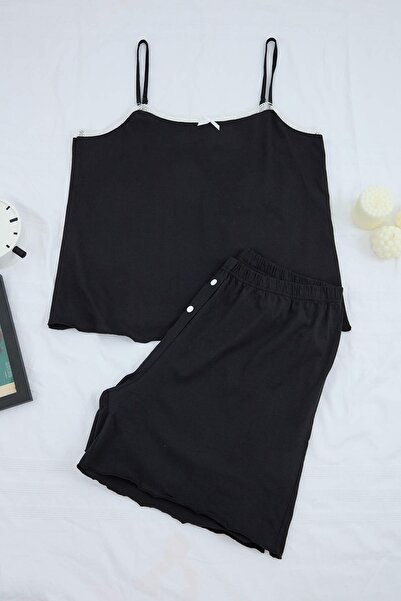 Trendyol Curve Μαύρο Δαντελωτό Πλεκτό Σετ Πιτζάμες Μεγάλου Μεγέθους TBBSS26AI...