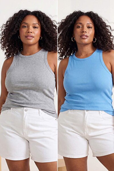 Trendyol Curve Indigo-Grey 2-pack Halter Collar Camisole Ελαστικό Πλεκτό Μεγά...