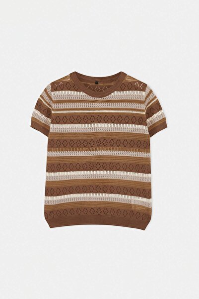 TRENDYOLKIDS Καφέ Πλεκτή Μπλούζα για Κορίτσια με Λαιμόκοψη Ποδηλάτου TKDAW26B...