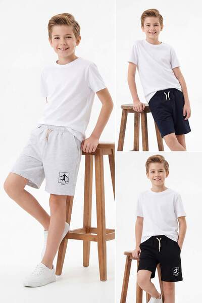 TRENDYOLKIDS Μπλε-Γκρι-Μαύρο Σετ 3 τεμαχίων για αγόρια, απλό πλεκτό σορτς & β...