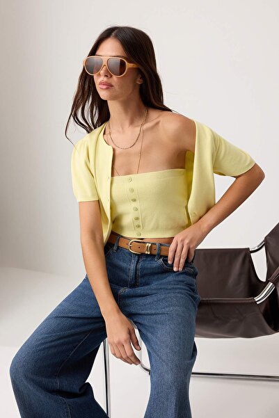 Trendyol Collection Yellow Basic Soft Strapless Blouse- Crew Neck Cardigan Se...