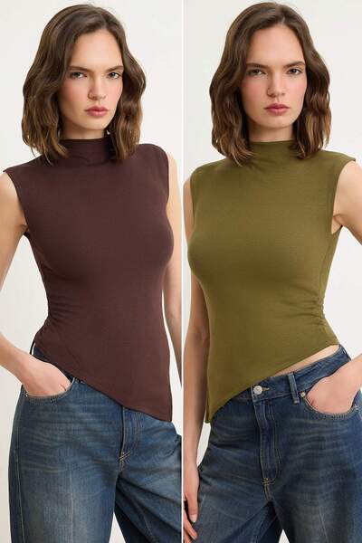 Συλλογή Trendyol Καφέ-Χακί 2-τεμαχιακή Πλεκτή Ασύμμετρη Μπλούζα που Εφαρμόζει...