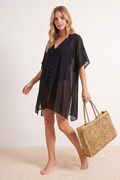 Συλλογή Trendyol Μαύρο Υφαντό Μίντι Κιμονό & Καφτάν με μανίκια νυχτερίδας για...