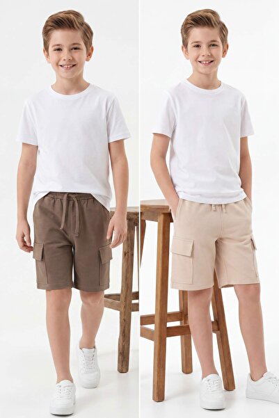 TRENDYOLKIDS Χακί-μπεζ 2 τεμαχίων Πλεκτό σορτς για αγόρια από βαμβάκι με ελασ...