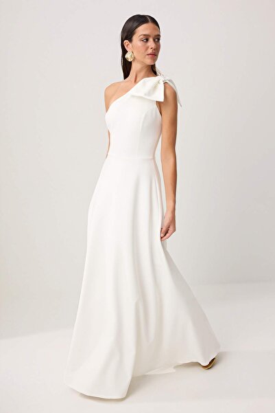 Συλλογή Trendyol Λευκό Απλό Φιόγκο Υφαντό Φόρεμα Φινίκε Μάξι για Βραδινή Έξοδ...