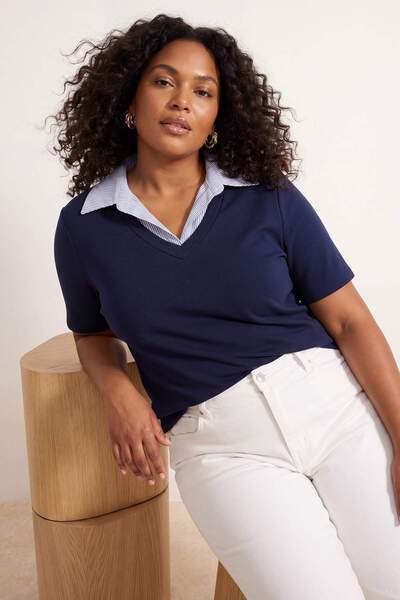 Trendyol Curve Μπλούζα Navy Blue Ριγέ Γιακάς πουκαμίσου Πλεκτή με λεπτομέρειε...