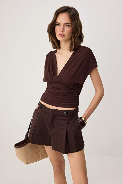 Συλλογή Trendyol Καφέ Πλεκτή Μπλούζα με Λεπτομέρεια Σούρας/Ντραπέ που Εφαρμόζ...