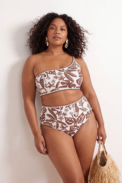 Trendyol Curve Καφέ μπλουζάκι μπικίνι με τροπικό σχέδιο και κέντημα, με έναν ...