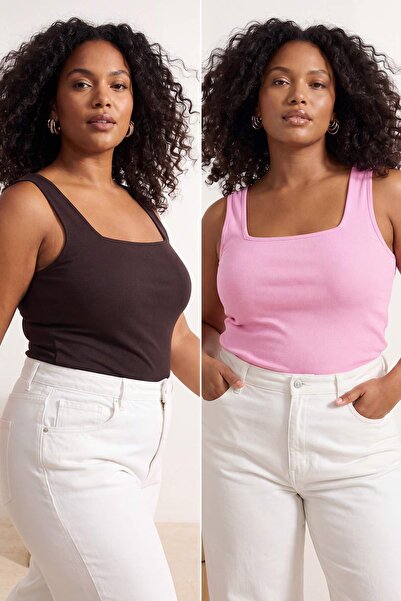 Trendyol Curve Καφέ-ροζ Βασικό Πλεκτό Πακέτο 2 τεμαχίων με Τετράγωνο Γιακά Βα...