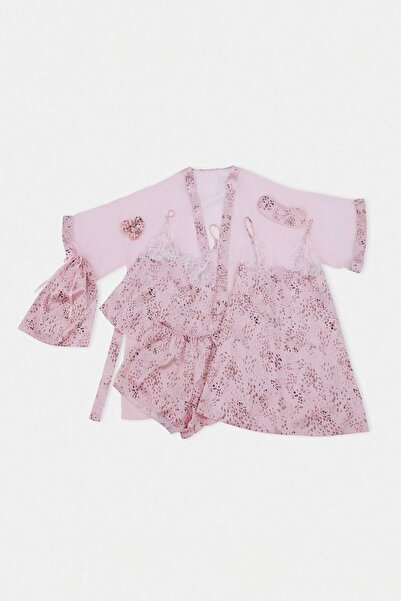 Συλλογή Trendyol Σετ πιτζάμες 7 τεμαχίων από υφαντό σατέν με ροζ λεοπάρ σχέδι...