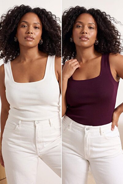 Trendyol Curve Εκρού-Μούρντουμ Βασικό Πλεκτό Πακέτο 2 τεμαχίων με Τετράγωνο Γ...