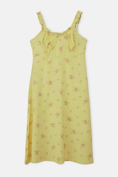 Trendyol Curve Κίτρινο φλοράλ μοτίβο με τιράντες Πλεκτό φόρεμα μίντι σε γραμμ...