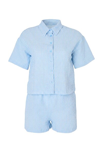 Συλλογή Trendyol Μπλε καρό υφαντό πουκάμισο-σορτς παραλίας TBESS25AU00098