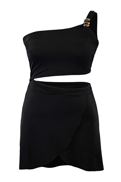 Trendyol Curve Μαύρο μαγιό με έναν ώμο και φούστα, μεγάλο μέγεθος TBBSS26AM00027