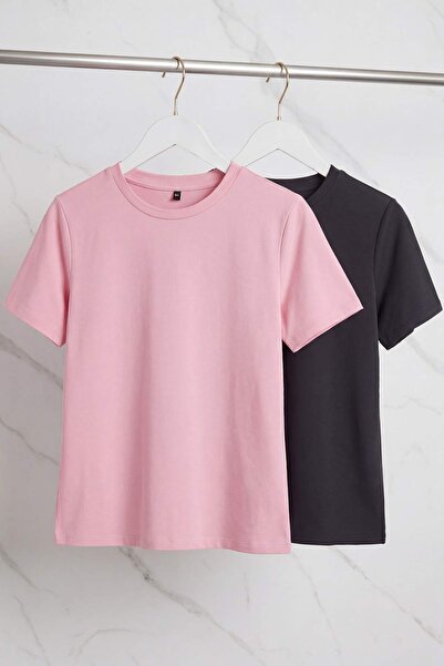 Trendyol Curve Ανθρακί-ροζ 2-τεμαχιακή συσκευασία Lycra Βαμβακερή Πλεκτή Μπλο...