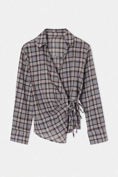 Drop by TrendyolMilla Blue Thin Fabric Double Breasted Collar Side Tie Plaid ...
