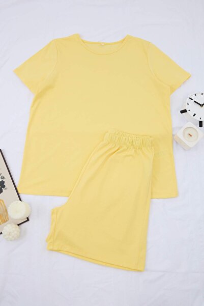 Trendyol Curve Κίτρινο Πλεκτό Σετ Πιτζάμες Μεγάλου Μεγέθους με Μαλακά Κουμπιά...