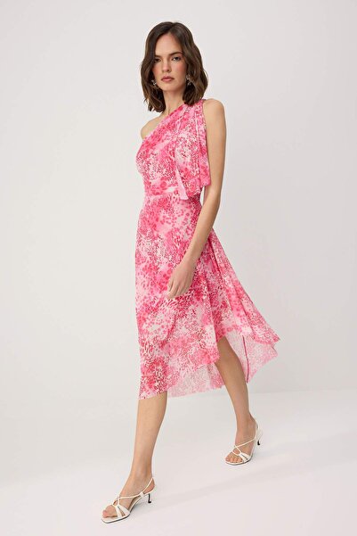 Συλλογή Trendyol Ροζ αφηρημένο ασύμμετρο φόρεμα σκέιτερ με λαιμόκοψη, αμάνικο...