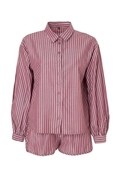 Συλλογή Trendyol Κόκκινο-λευκό ριγέ υφαντό σετ πουκάμισο-σορτς παραλίας TBESS...