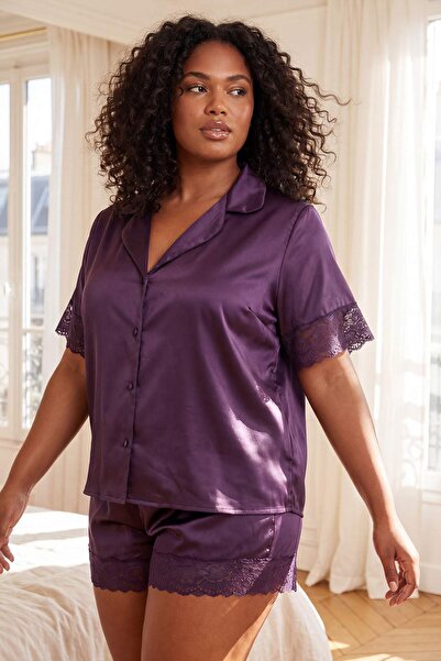 Trendyol Curve Σετ Πιτζάμες Προίκας Παστίλια Σατέν Πουκάμισο με Γιακά Μεγάλου...