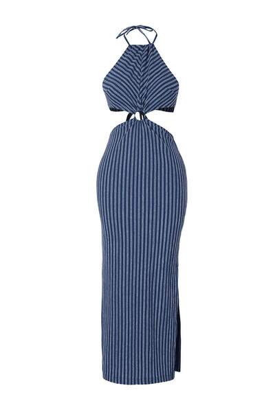 Συλλογή Trendyol Μπλε ναυτικό ριγέ πλεκτό φόρεμα παραλίας μίντι με λεπτομέρει...