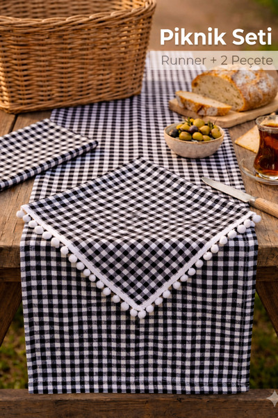 senmasy 3 lü Piknik Seti Runner 40*160 cm ve 2 Peçete 40* 50 cm Kırmızı Pötikare
