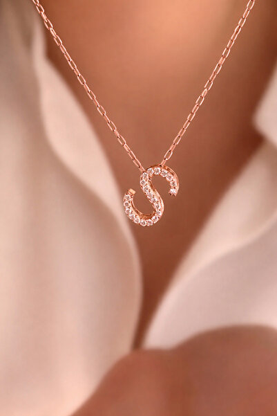 Ziu 925 ayar rose Zirkon Taşlı S Harfli Kolye Uzunluk 45 cm