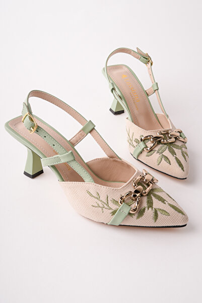 Moda Hanım Gold Accessory Green Embroidered Women's Heeled Shoes