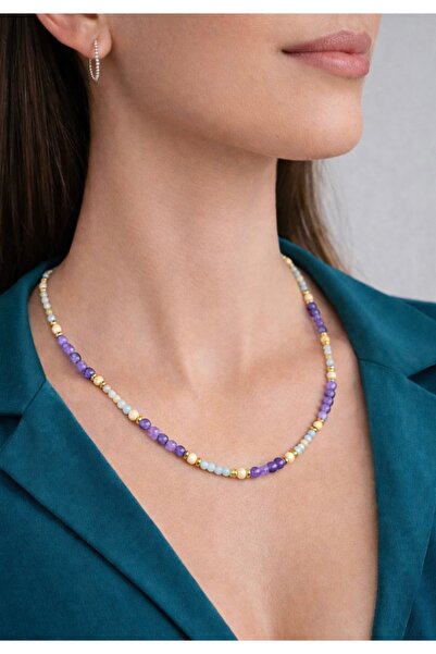 MODA Lavender Wave ~ Ametist Doğaltaş Kadın Kolye – Ametist & Amazonit Gold D...