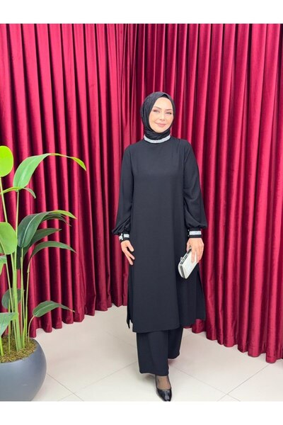 VALENS BOUTİQUE Διπλό παντελόνι τουνίκ με πέτο και μανίκια με πέτρες Τζιν Τακ...