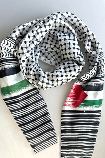 İSTANBULSTYLEMODA Σάλι Παλαιστινιακής Πασμίνας με μακρύ κρόσσι με φούξια στάμ...