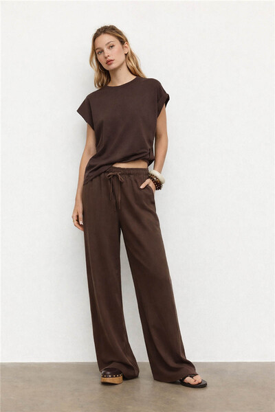 Fashion Friends Wide Leg Linen Brown Women's Trousers 26Y0608K1
