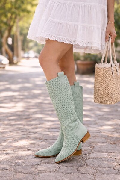 POTEEN Eliz Γυναικείες καλοκαιρινές μπότες με κοντό τακούνι από σουέντ, κομμέ...