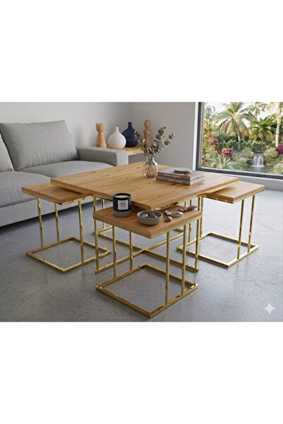 Nokta Sehpa Home RİO 5Lİ SET 4+1 pzza 5li set ORTA SEHPA gold çam