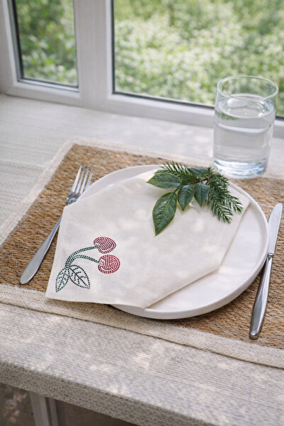 desicap 6’lı Kiraz Desenli Taşlı Keten Peçete 34x34 cm - Davet Sofrası Masa P...