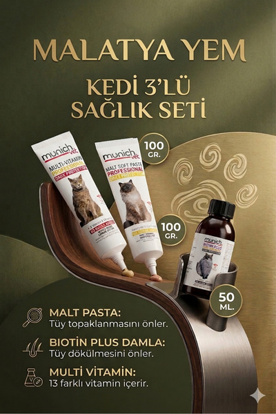 Munich Vet Kedi 3'lü Seti Tüy Sağlığı Damlası + Malt Pasta + Multi Vitamin Pa...