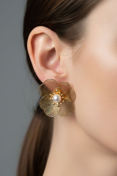 BHR AKSESUAR Gold Color Pearl Flower Earrings