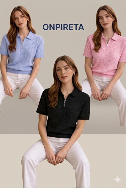 MADAM PARS Γυναικείο πλεκτό μπλουζάκι 3 τεμαχίων με μοτίβο πόλο και κοντό μανίκι