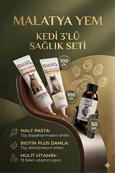 Munich Vet 3'lü Set Multi Vitamin Macunu 100 gr Kedi Maltı 100 gr Kedi Biotine