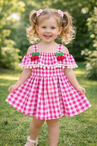 Kuzucuk Kids Bebek Çocuk Butik Kız Çocuk Kiraz Detaylı Fuşya Pötikare Askılı ...