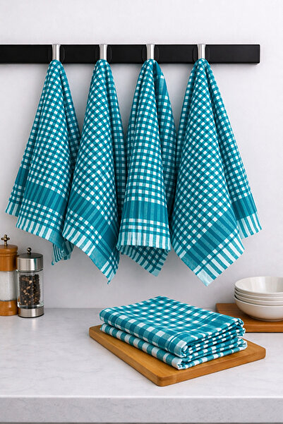 LilaMOON Σετ 4 χαρτοπετσέτες από βαμβακερό τιρκουάζ χρώμα, καρό, πετσέτα στεγ...