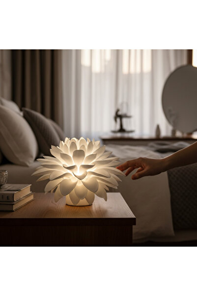 METU SHOP Dekoratif Abajur Lotus Çiçeği Şık Masa Lambası Lotus Formda Aydınla...