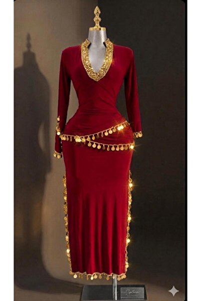 RAHAF TİCARET Costum elegant de dans oriental roșu, din 2 piese, cu fante lat...