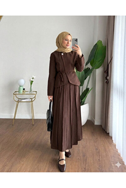 RFK Butik Kadın Zara Kupra Seyyar Kemerli Çımalı Etekli Takım - Kahverengi