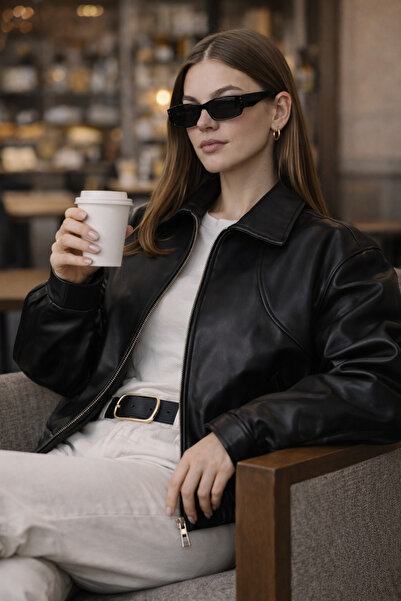 MODA Υπερμεγέθης Μαύρο Δερμάτινο Μπουφάν Bomber